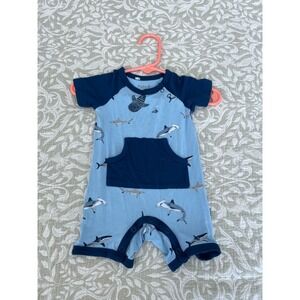 Kyte Baby Bodysuit  Unisex 3-6M Light Blue Shark Print  Bamboo Casual Romper
